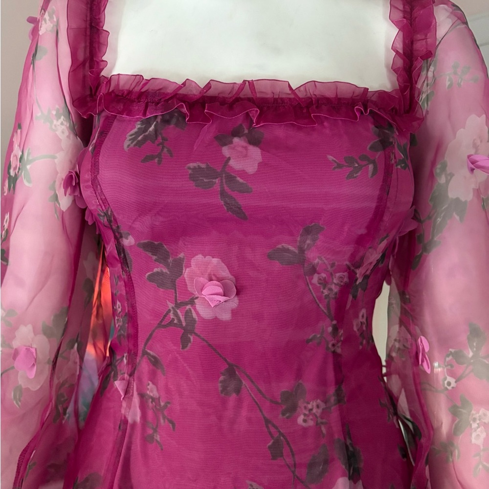 DollsKill | Sugar Thrills Y2K 3-D floral Appliqué Sheer Overlay Mini Dress - Picture 5 of 6
